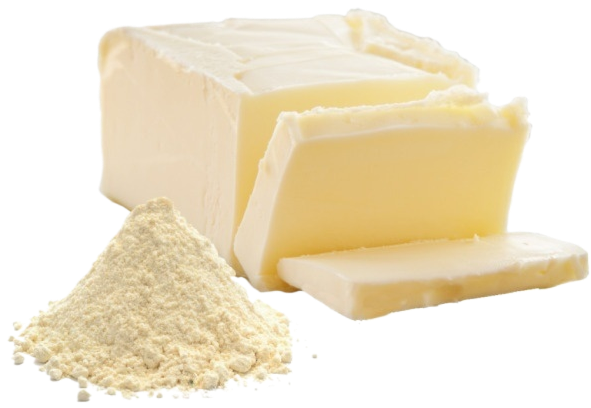 A piece of butter next to a pile of dairy flavor powder on a white background