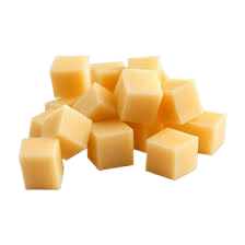 A pile of cubes of enzyme-modified cheese on a white background