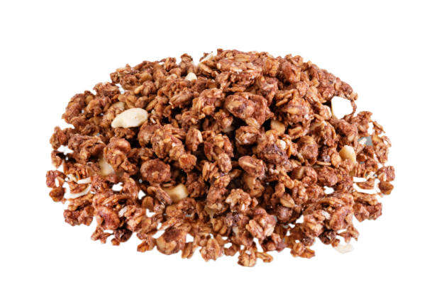 A pile of granola clusters with almonds on a white background