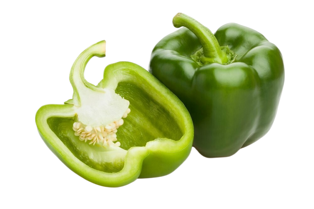 A green bell pepper is cut in half on a white background