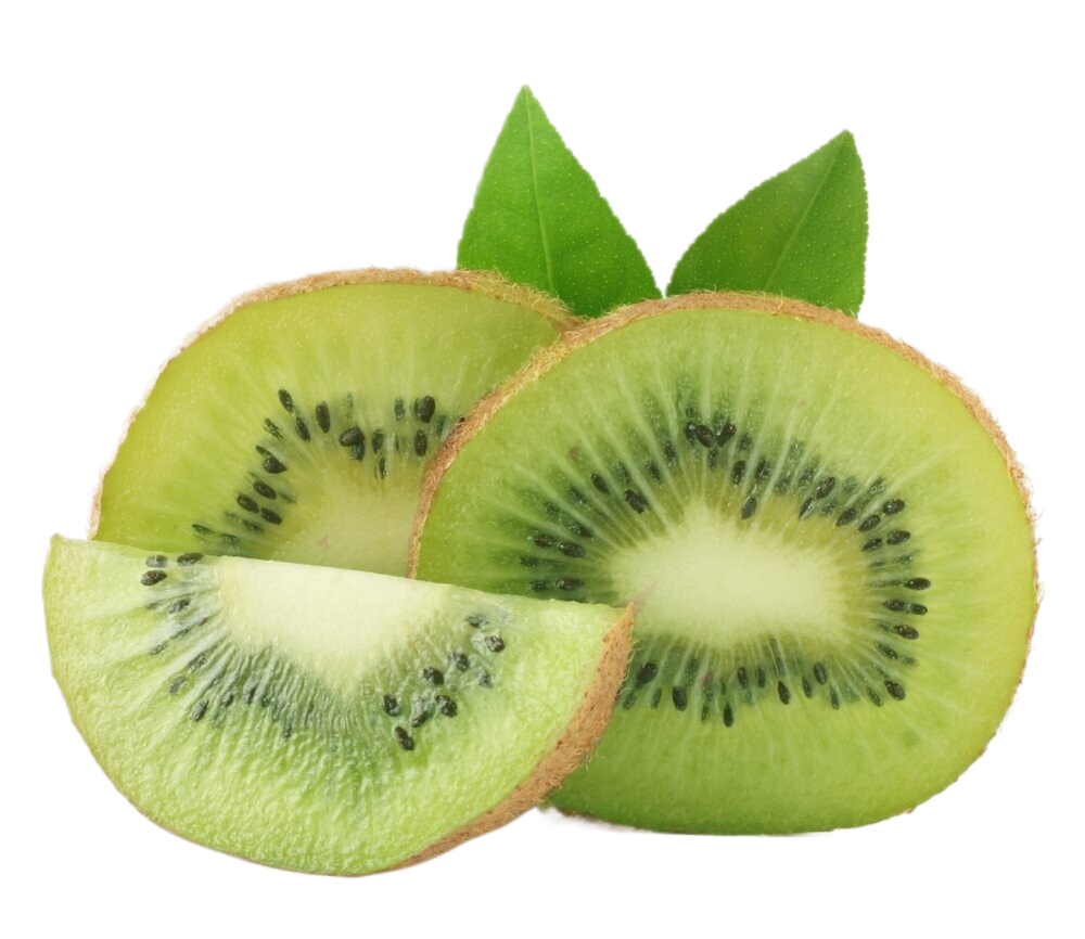 Two slices of kiwi fruit with green leaves on a white background