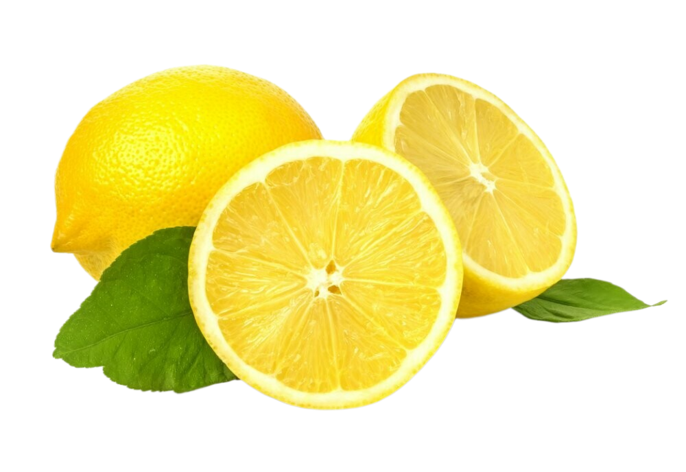 Two lemons are cut in half with green leaves on a white background