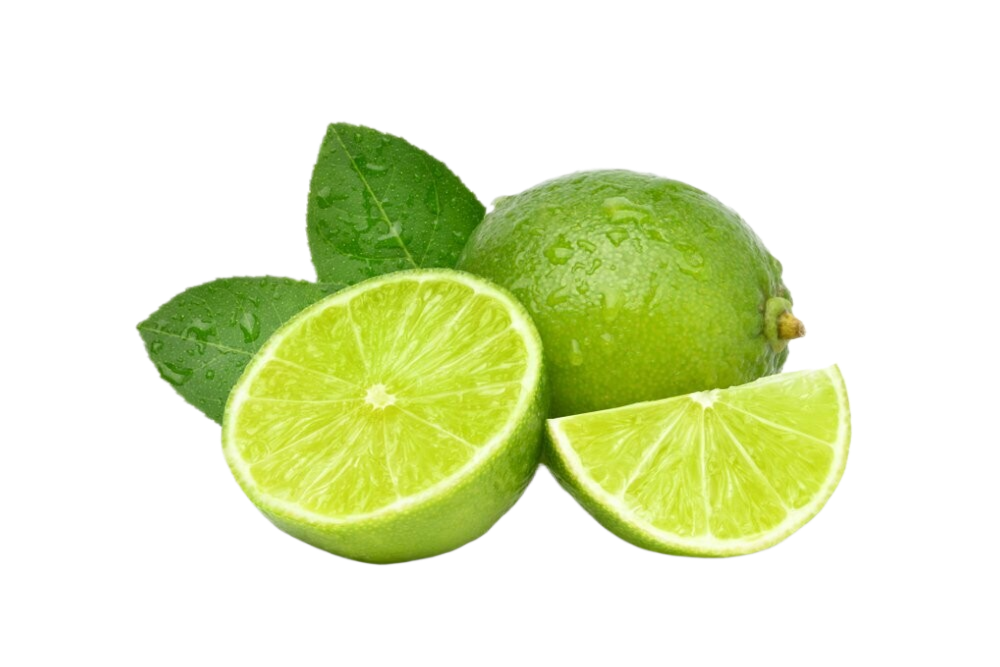 A lime cut in half with leaves on a white background