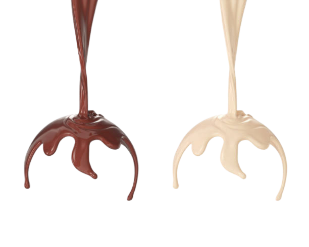 Two different types of liquid chocolate are being poured on a white surface