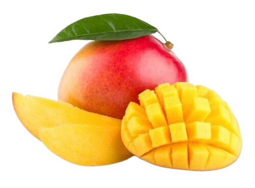 A whole mango and a sliced mango on a white background