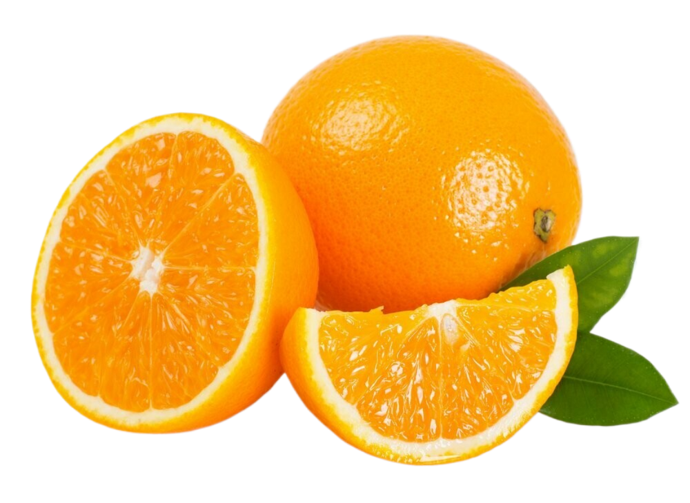 Two oranges and a slice of orange with leaves on a white background