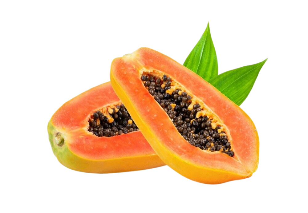 Two papaya halves with green leaves on a white background