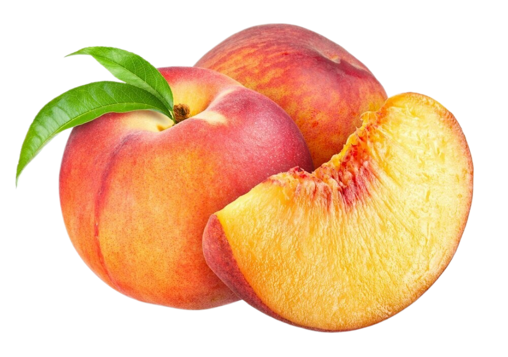 Two peaches with leaves and a slice of peach on a white background