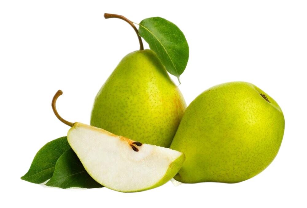 Three green pears with leaves on a white background