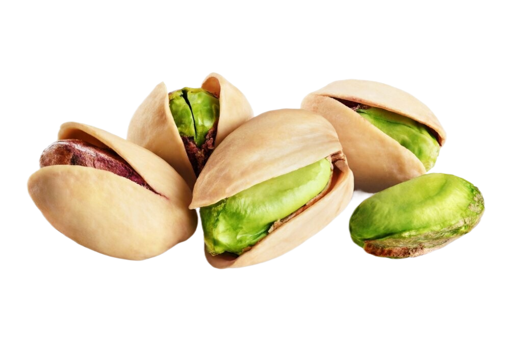 A group of pistachios with their shells open on a white background