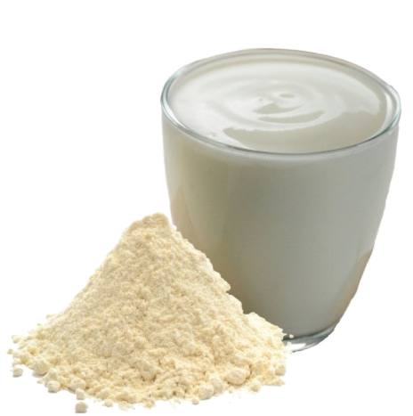A glass of milk next to a pile of plant-based powder
