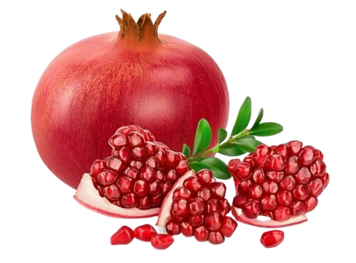 A pomegranate with leaves and seeds on a white background