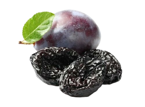 Dried prunes and a prunes with a leaf on a white background