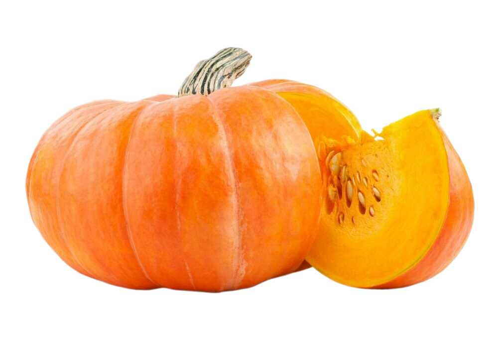 A whole pumpkin and a slice of pumpkin on a white background