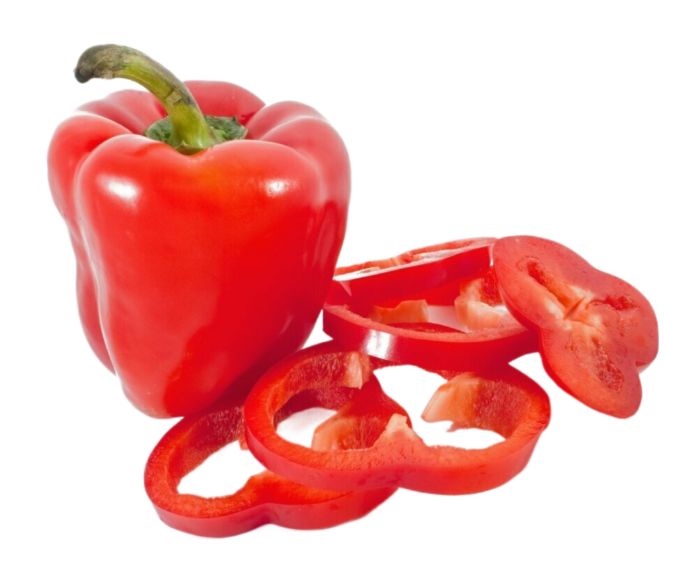 Sliced red bell peppers next to a whole pepper on a white background