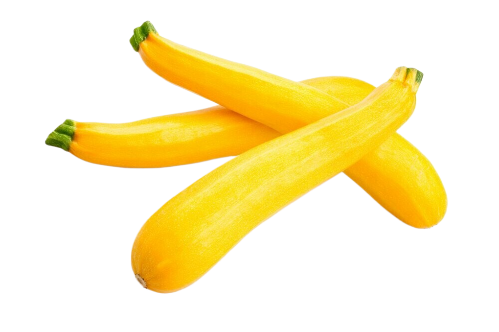 Three yellow pieces of squash with green stems on a white background