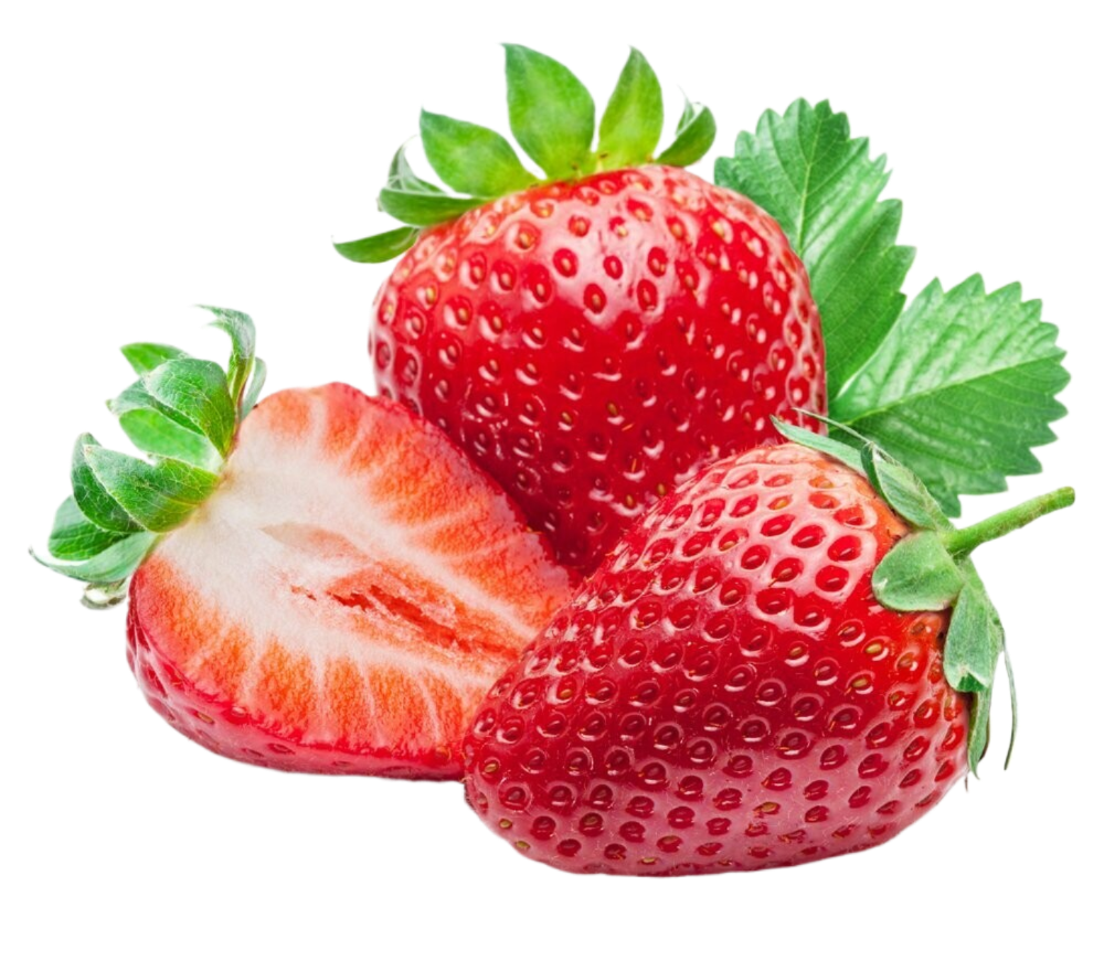 Three strawberries with green leaves on a white background