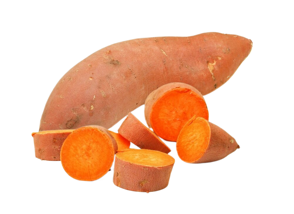 A sweet potato that has been cut in half on a white background