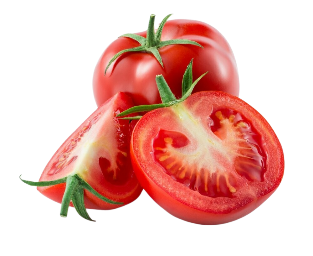 Two whole tomatoes and two sliced tomatoes on a white background