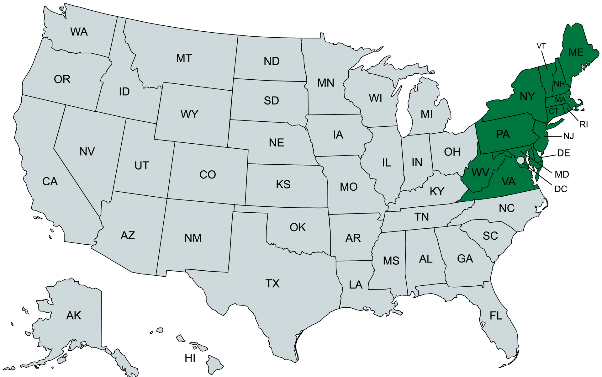 A map of the united states with nj, pa, ny, de, md, dc, ct, ma, ri, vt, va, wv, nh, me highlighted