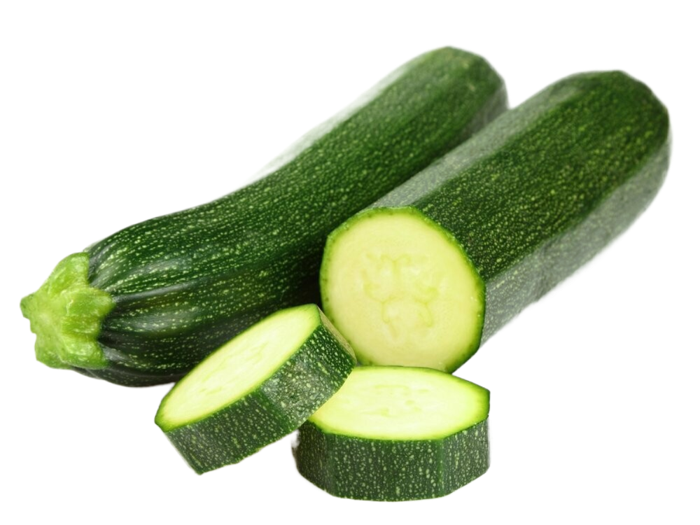 Two zucchini sliced in half on a white background
