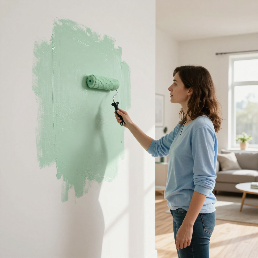 Mujer pintando una pared de color verde menta con un rodillo en una luminosa sala de estar.
