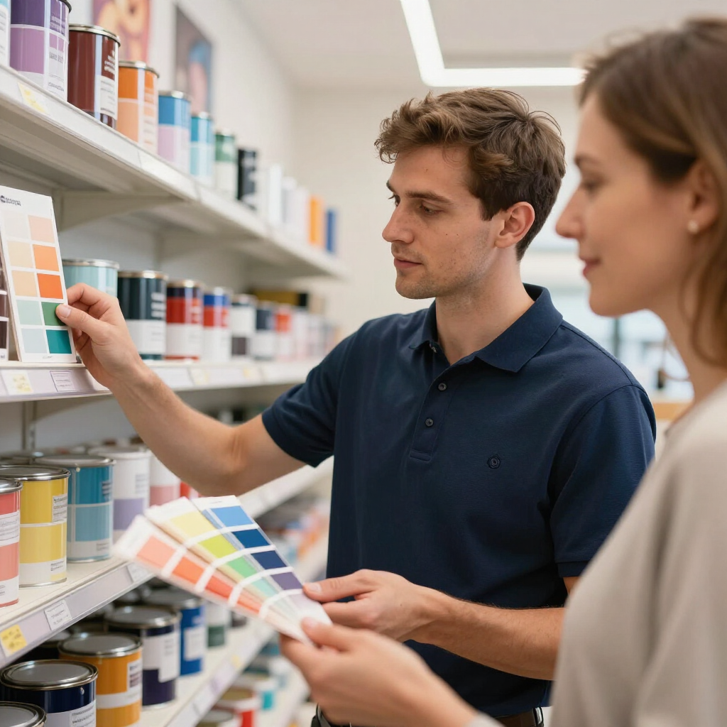 Dos personas comparan muestras de color de pintura en el pasillo de una tienda de pinturas.
