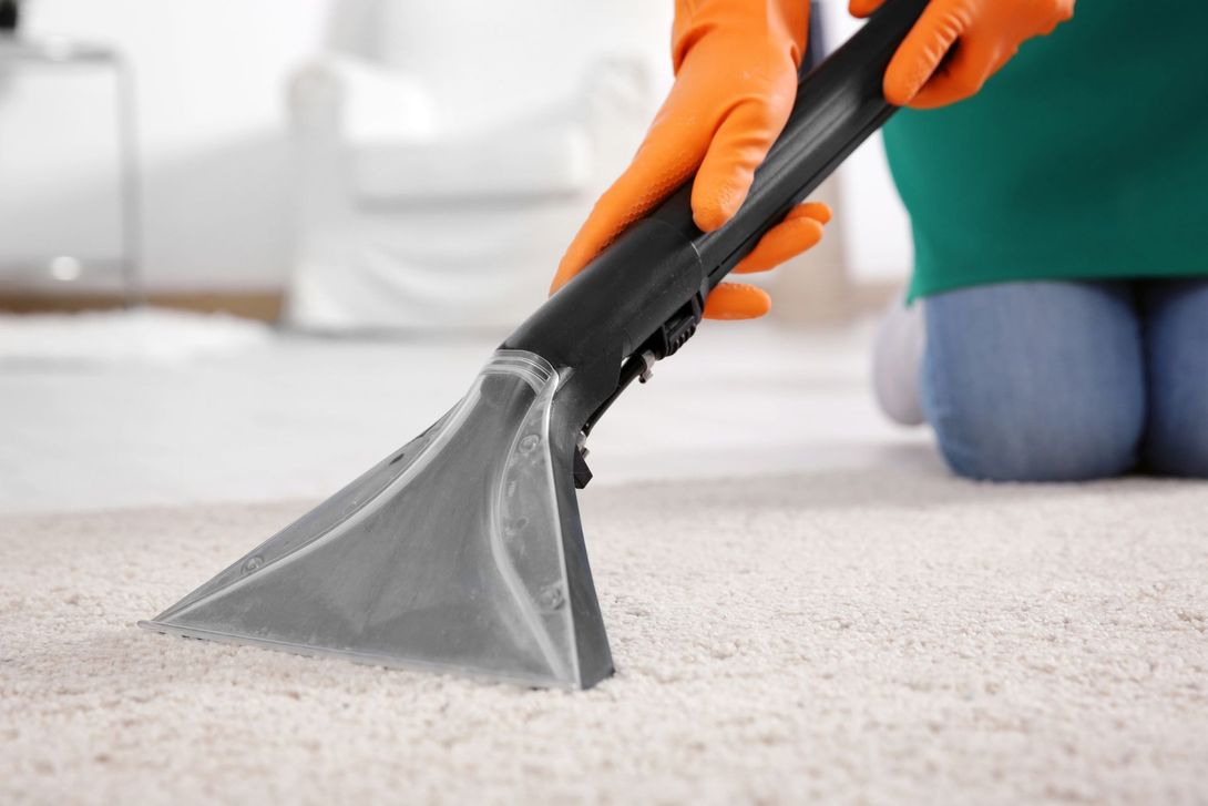 Carpet cleaning with upholstery extractor, orange gloves, deep steam cleaning home carpet fibers.