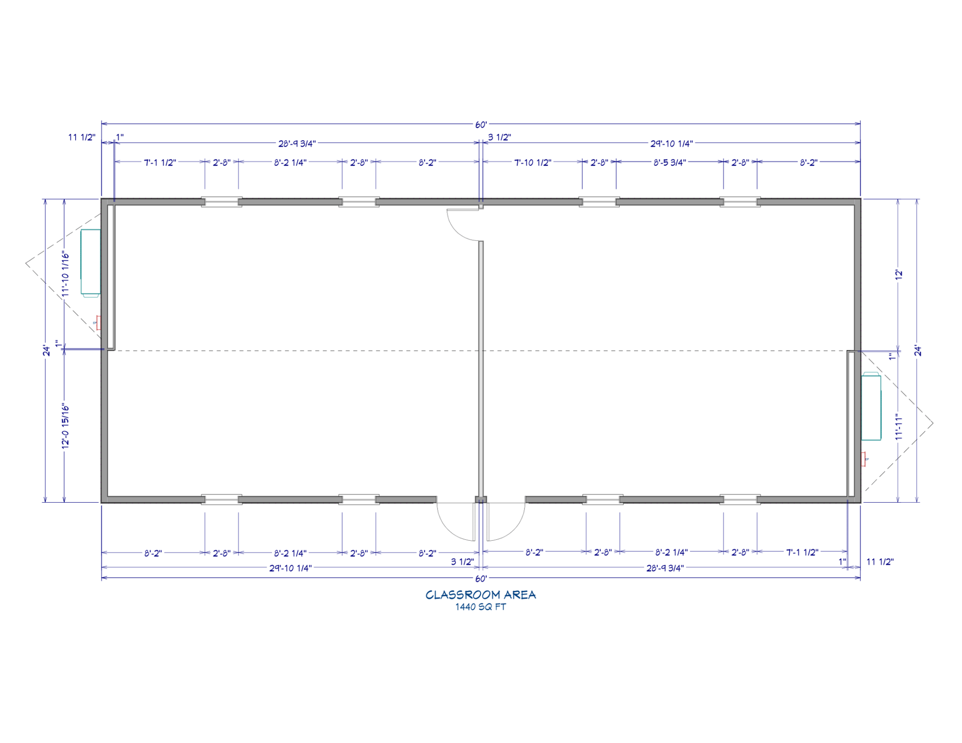 Floor plan of a rectangular building with windows and a central door. Dimensions are included.