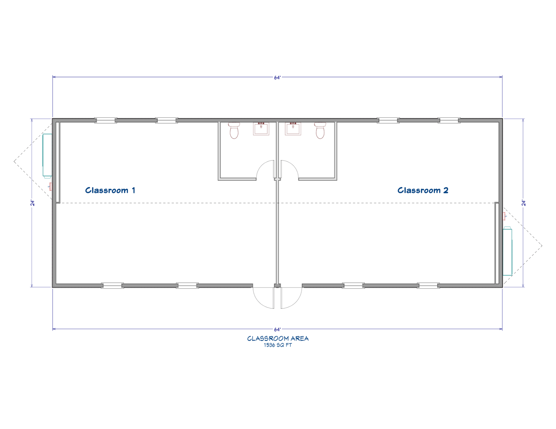 Floor plan of a rectangular building with two classrooms and a central bathroom area.