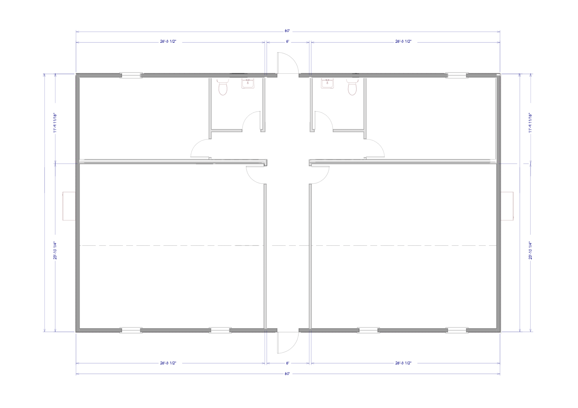 Top-down view of a floor plan with two connected rectangular rooms and small restrooms. Gray lines on white background.