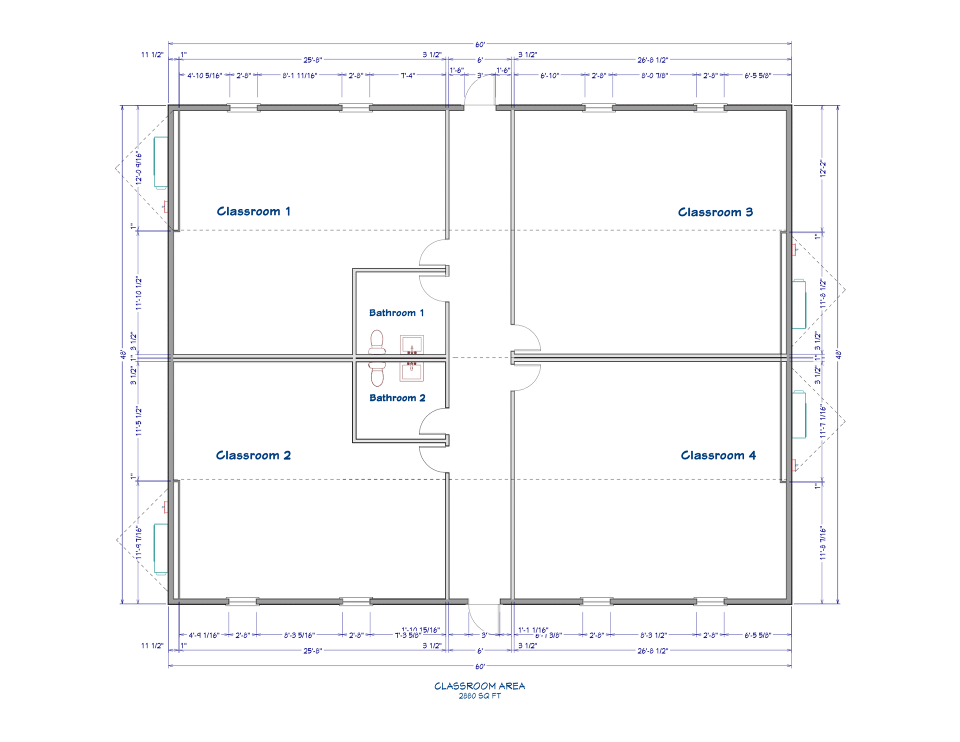 Floor plan of a building with four classrooms, two offices, and hallways.