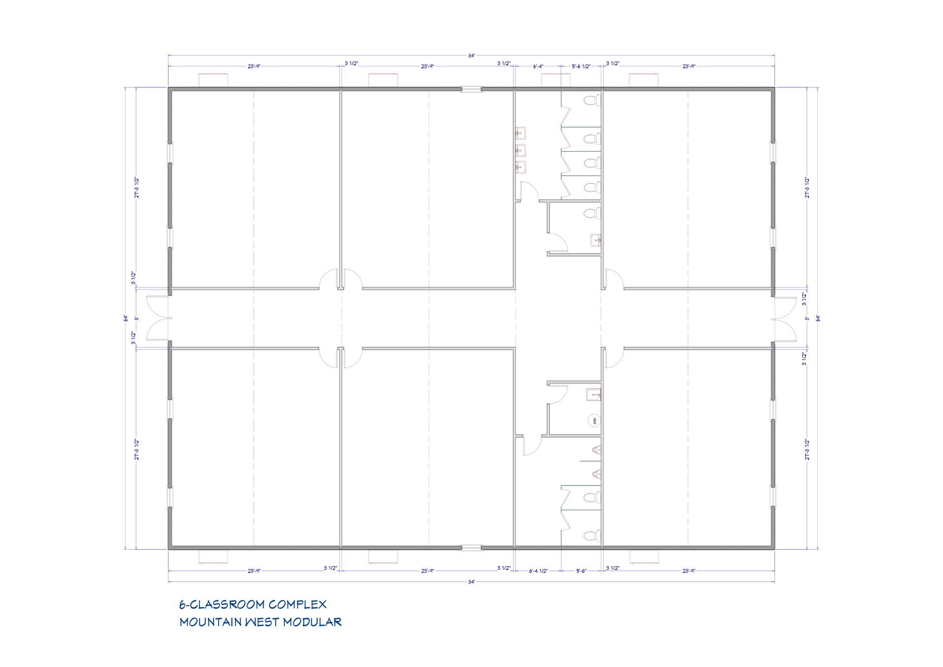Architectural floor plan showing four rectangular rooms, two on top and two below, with bathrooms and doorways.