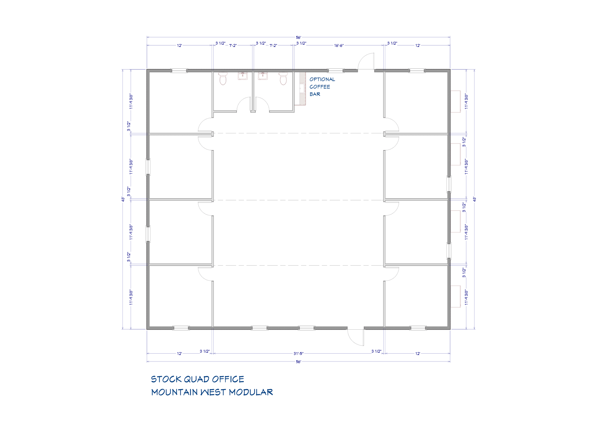 Floor plan of the Stock Island office building with labeled dimensions and interior wall layout.