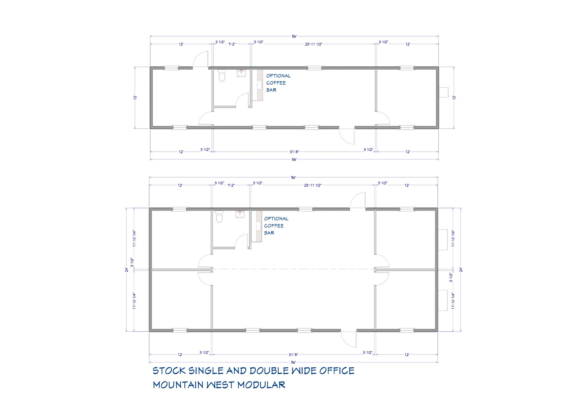 Architectural plan of a double office building layout with dimensions.