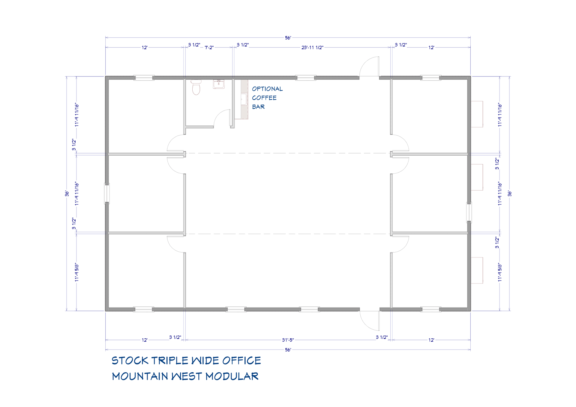 Floor plan of a triple wide modular home with room dimensions labeled in feet.