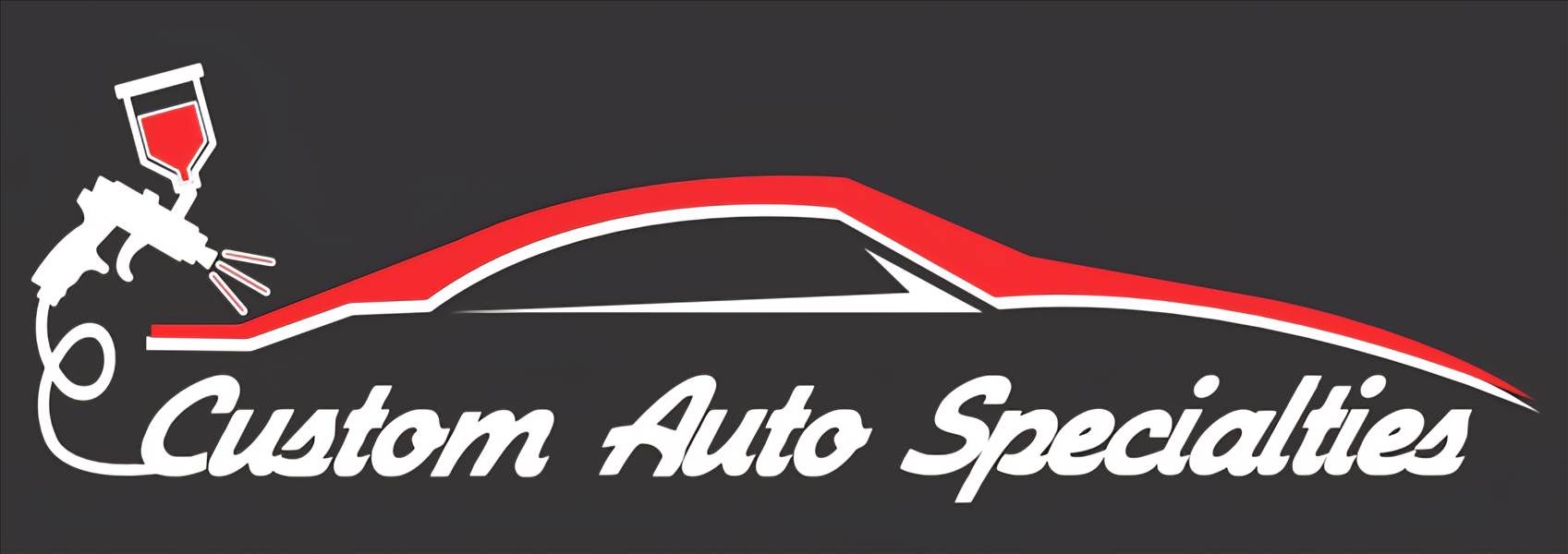 Logo: a white spray gun spraying red paint onto a red car outline, with "Custom Auto Specialties" in white below.