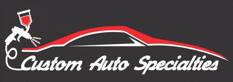 Logo: a white spray gun spraying red paint onto a red car outline, with "Custom Auto Specialties" in white below.