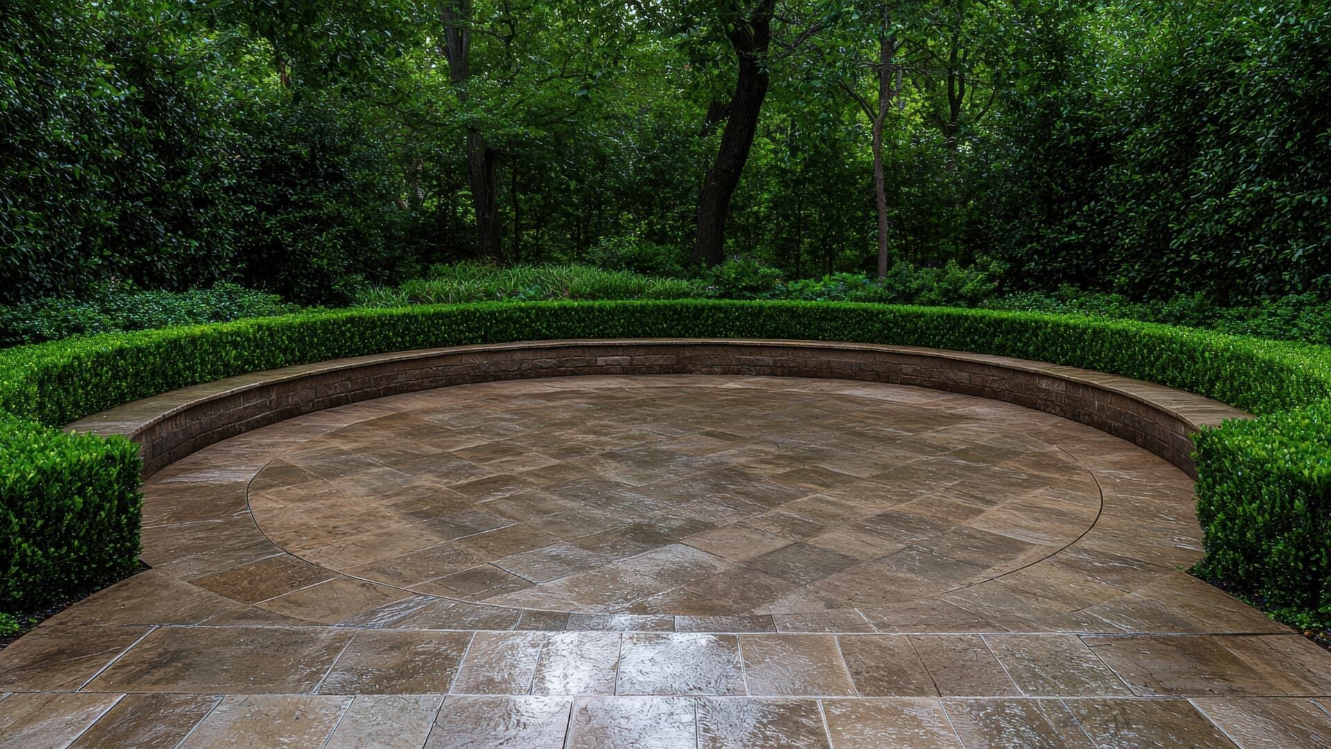 A curved stone patio with a built-in circular stone bench, enclosed by a manicured green hedge in a wooded setting.