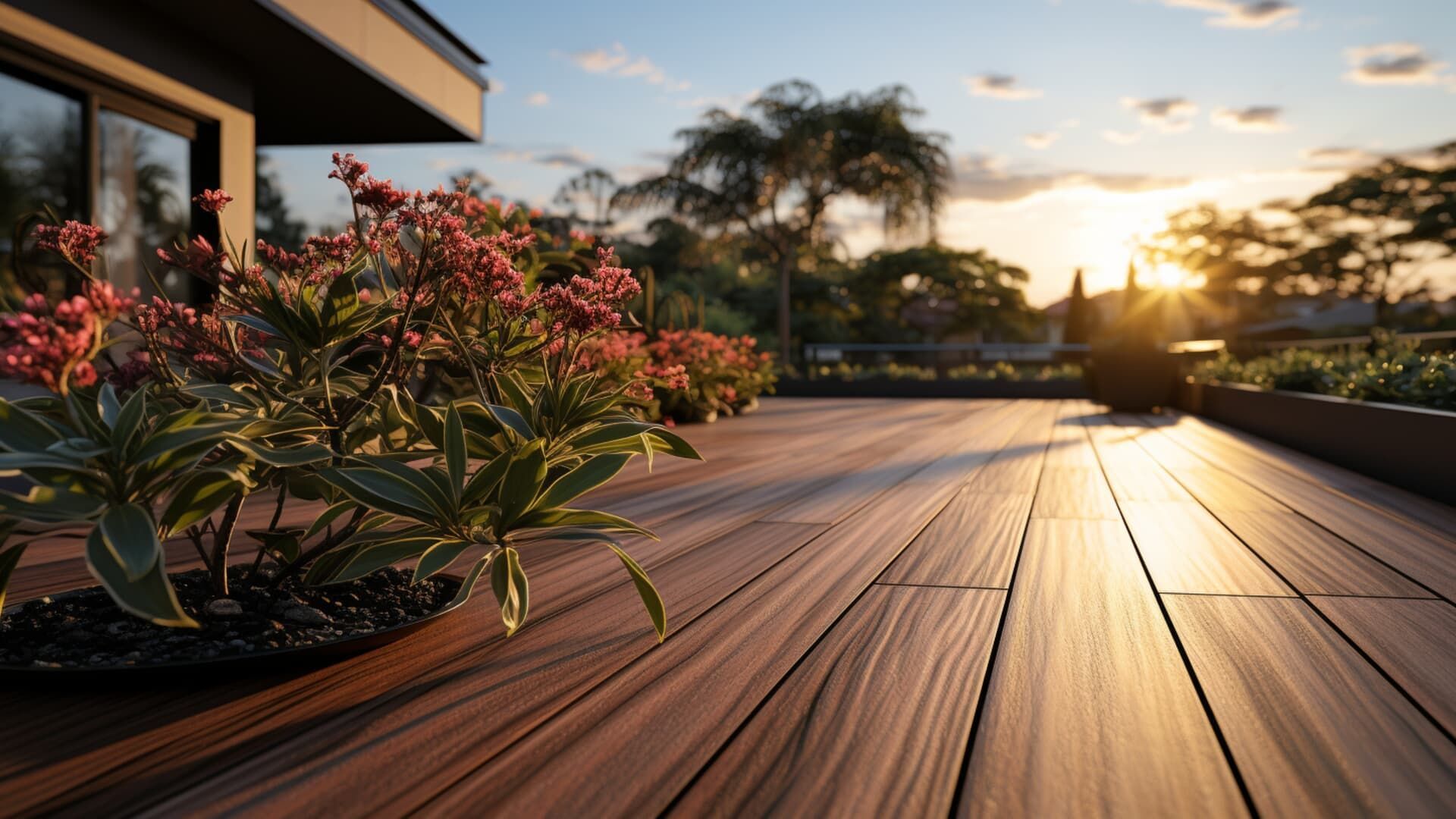 A wooden deck with a potted flowering plant in the foreground, bathed in the warm light of a sunset.