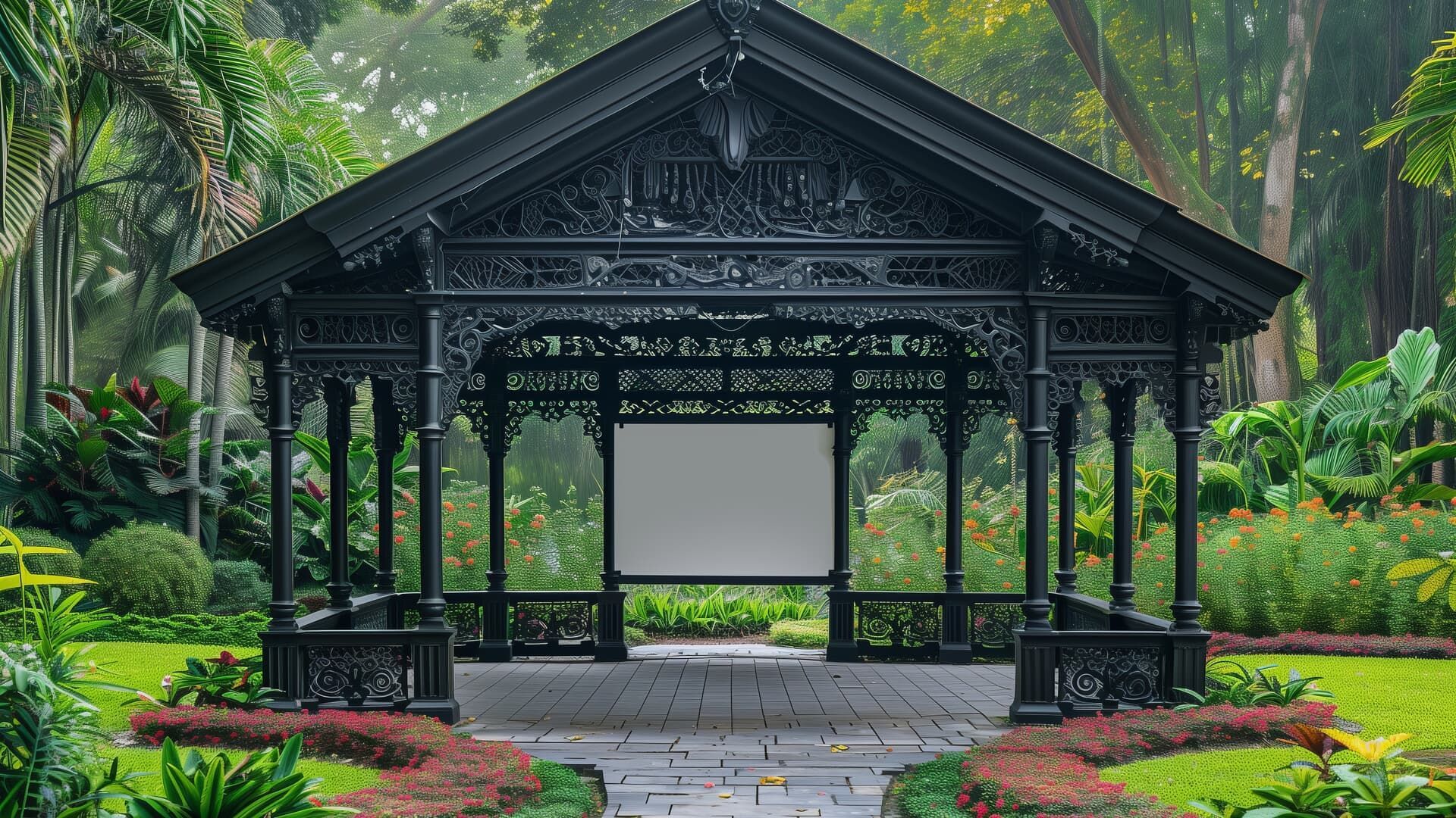 An ornate, black, open-air wooden gazebo sits in a lush, green public garden with a blank rectangular sign at its center.