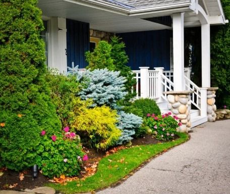 A front porch with a stone-based railing, surrounded by a variety of evergreen shrubs, small trees, and pink flowers.