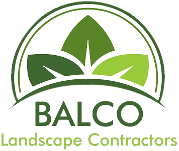 Logo for BALCO Landscape Contractors featuring three stylized green leaves in an arch and the company name in text.