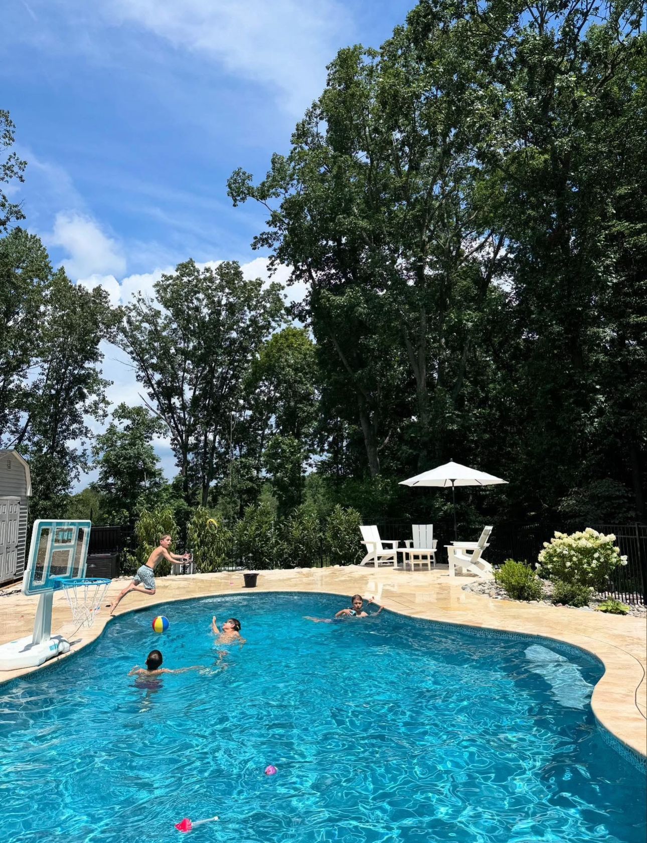 Children swimming and playing in a sunny backyard pool surrounded by trees and patio furniture.