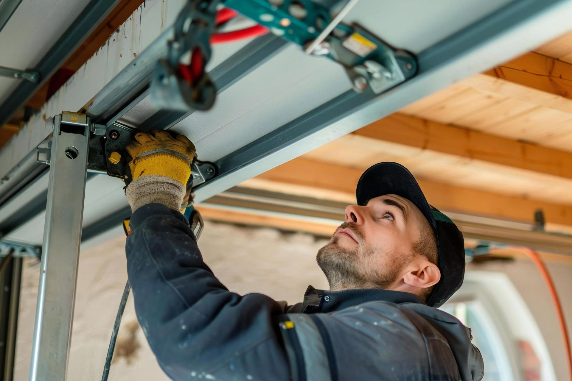 A man is working on a garage door with a drill.