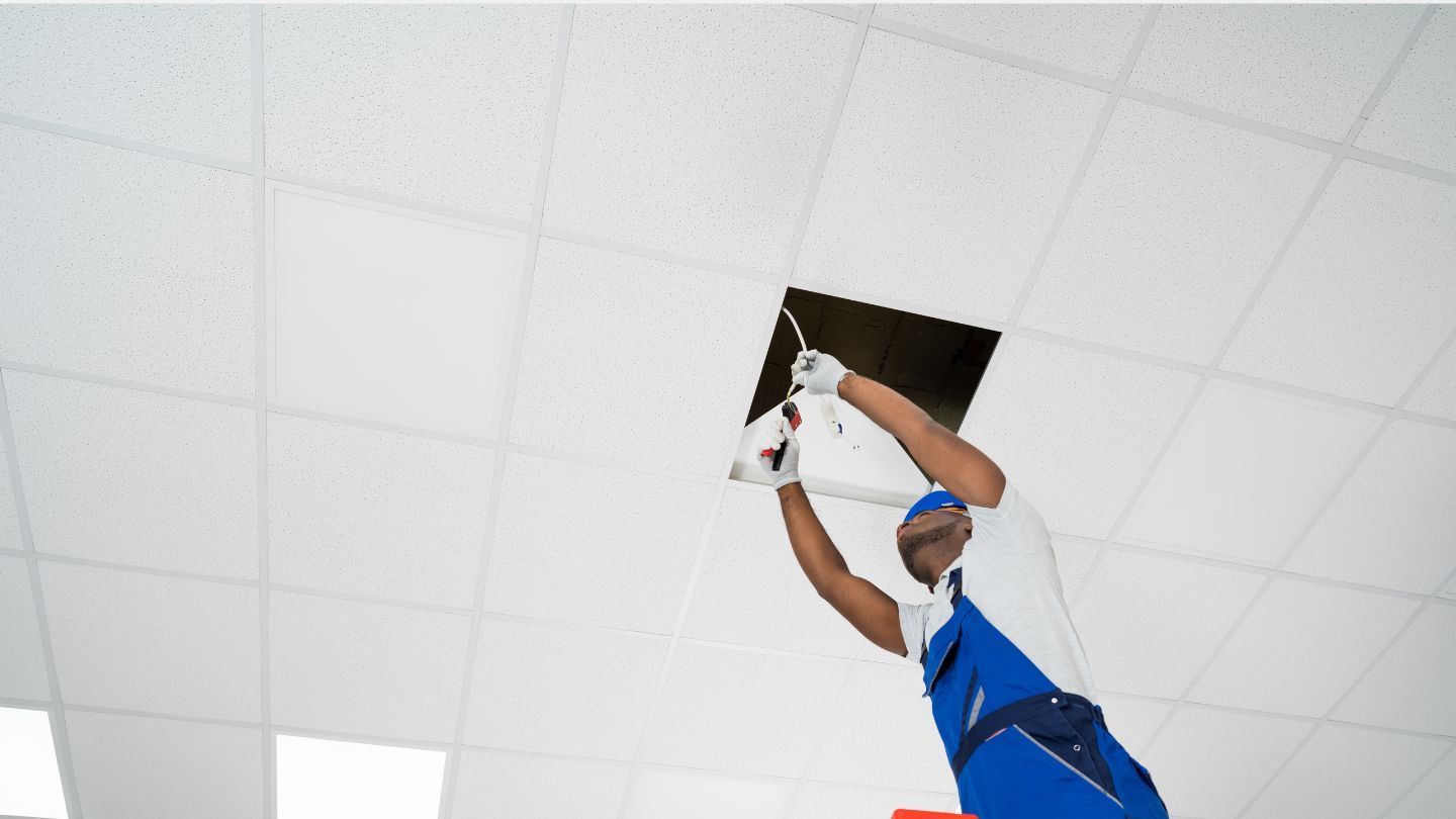 Construction site: partially built house with workers on roof and scaffolding, green field in background.