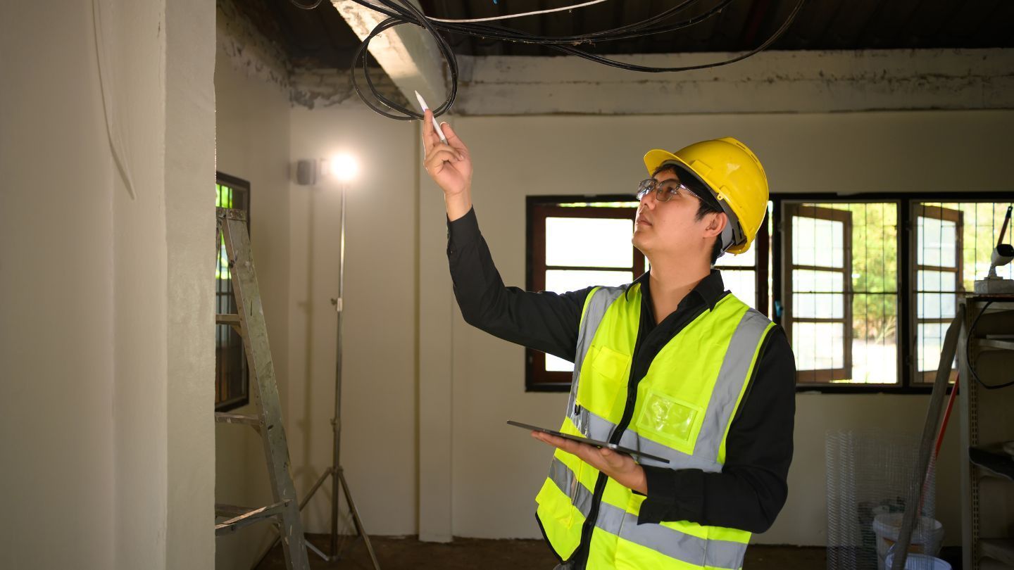 Construction site: partially built house with workers on roof and scaffolding, green field in background.