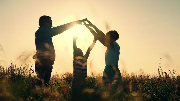 A family is holding hands in a field at sunset.