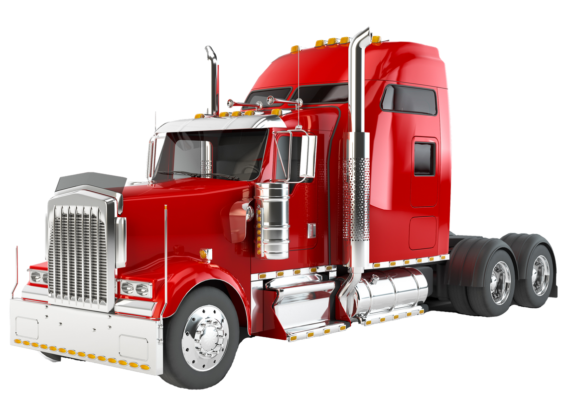 A red semi truck with a trailer on a white background.