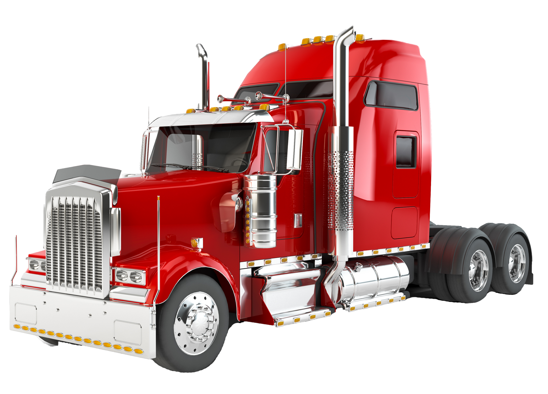 A red semi truck with a trailer on a white background.